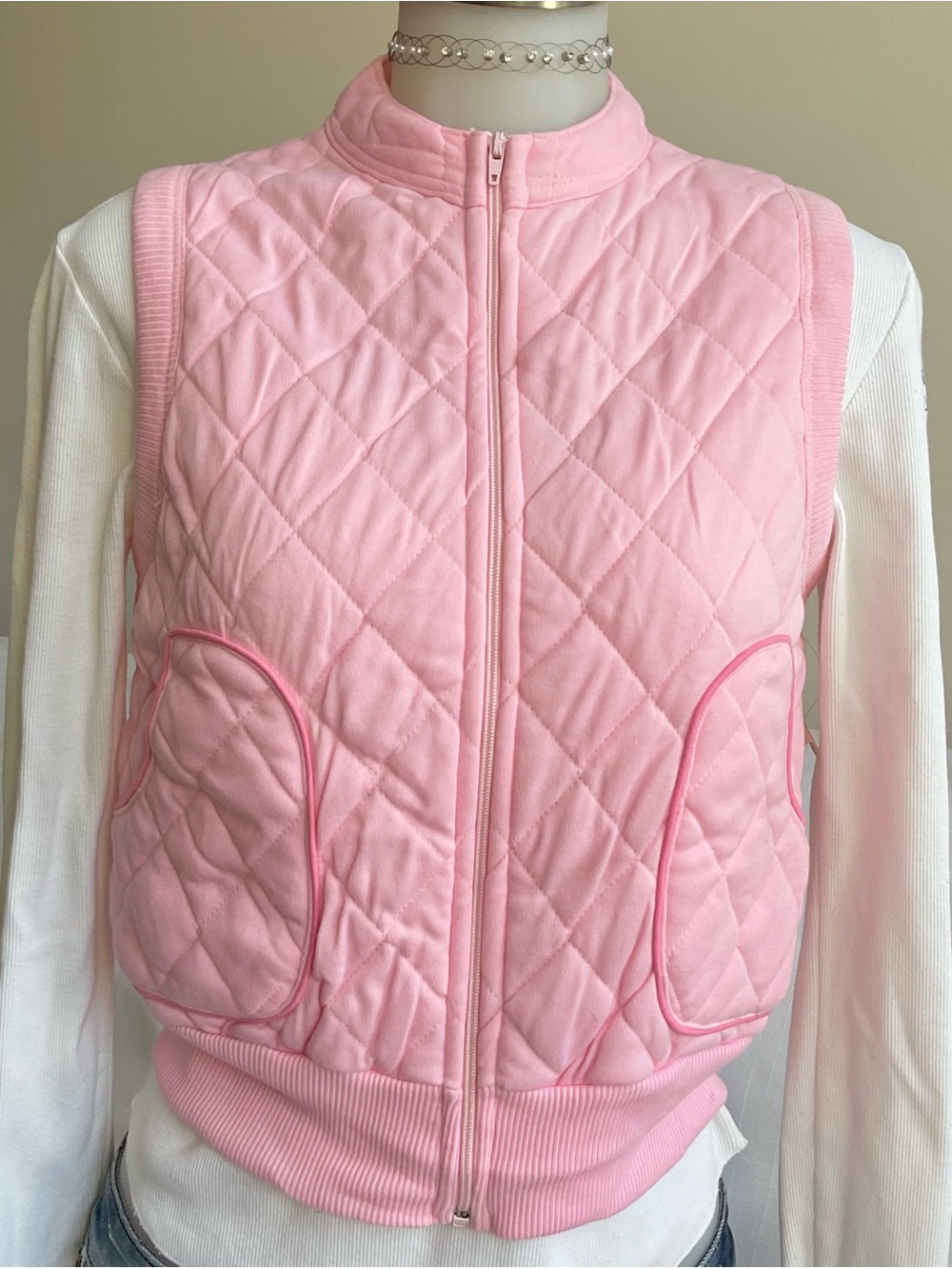NWT Vintage 80s Pink Quilted Cropped Vest Zip Up Deadstock | M (Fits S)